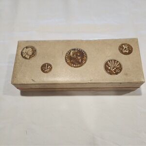 Vintage Italian Jewelry Coin Box Faux Off-white Leather Metal Trim Red Velvet